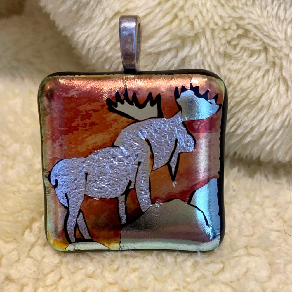 Handmade pendant 925 hanger. Colorful moose on the rocks. Size 1 1/2 x 1 1/2